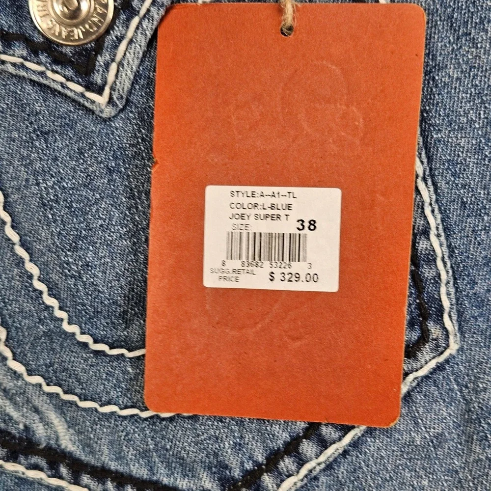 True Religion Joey Super T Men 38x30 Blue Flare Leg Contrast Stitch Distress NEW